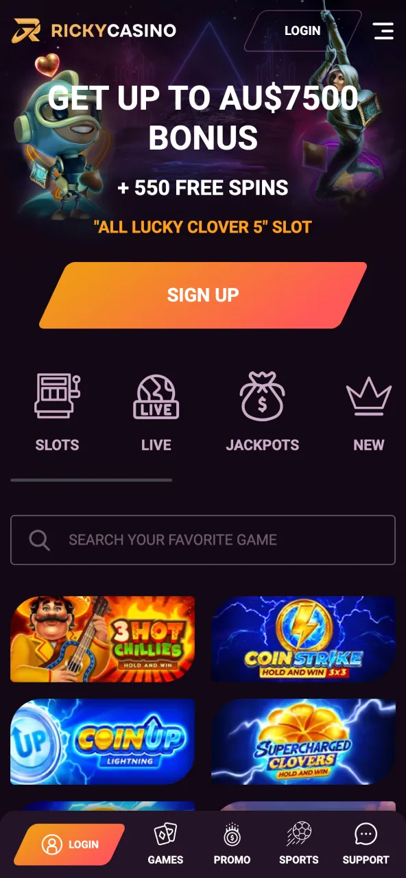 Go to the official Ricky Casino homepage using any device.